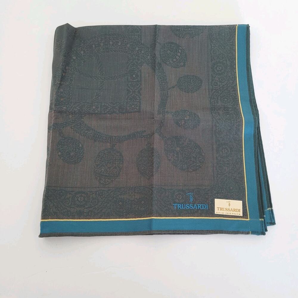 Trussardi Vintage Cotton Handkerchief Square Designer Blue Gray Paisley 20" Med‎